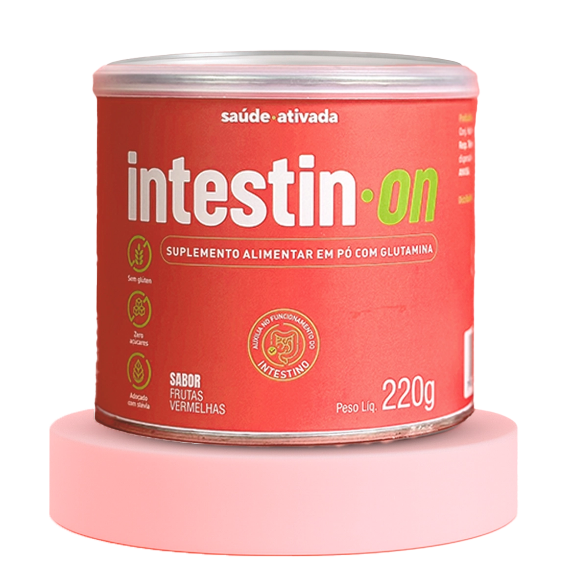 Lata do suplemento Intestin•On sobre fundo vermelho